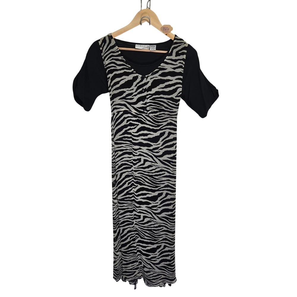Vintage 90s Moka Zebra Print Maxi Dress Black White Animal Short Sleeve Tie Back